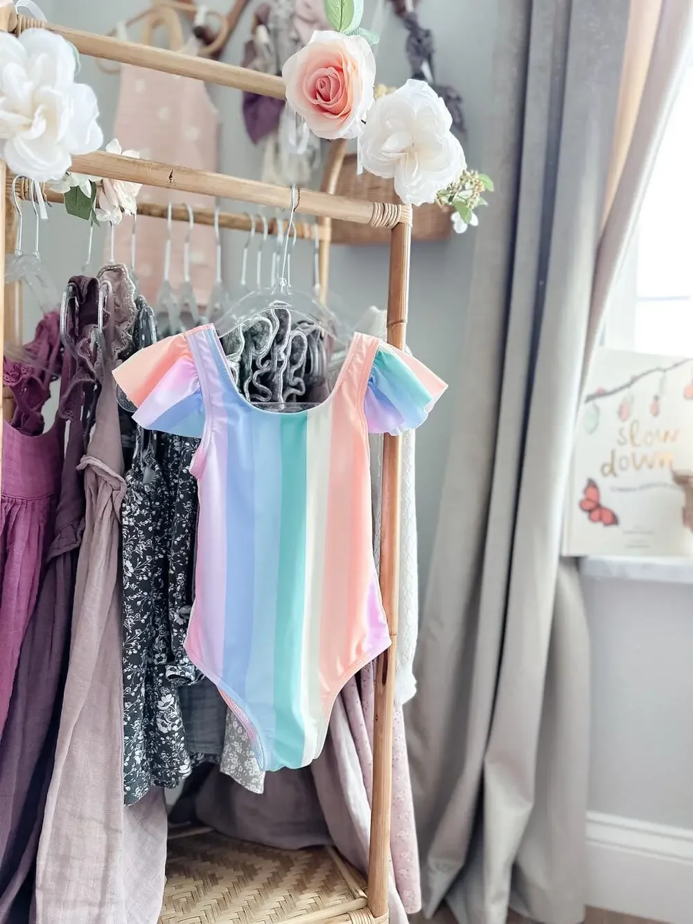 New Darling Pastel Stripe Rainbow Flutter Slv Swimsuit 3T